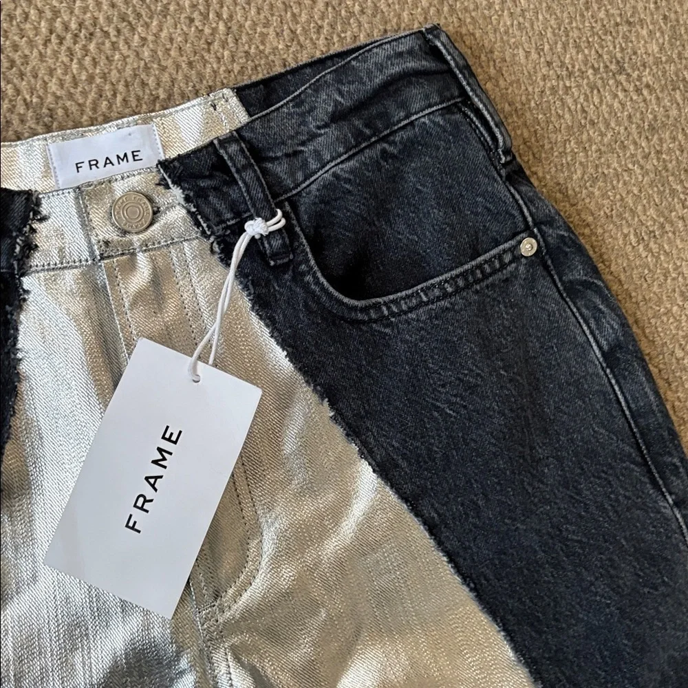 NWT FRAME Pieced Metallic Silver Black Straight Leg Jeans Size 26 Retail $448